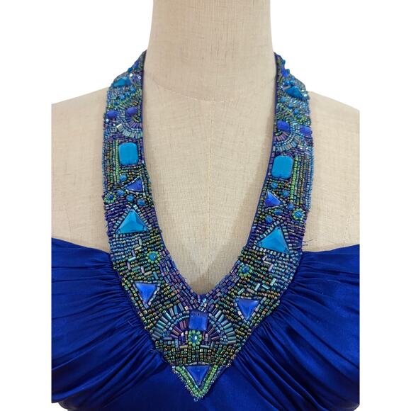 Y2K cache royal blue silk dress turquoise beaded halter gown sz 2 prom boho - Picture 3 of 13